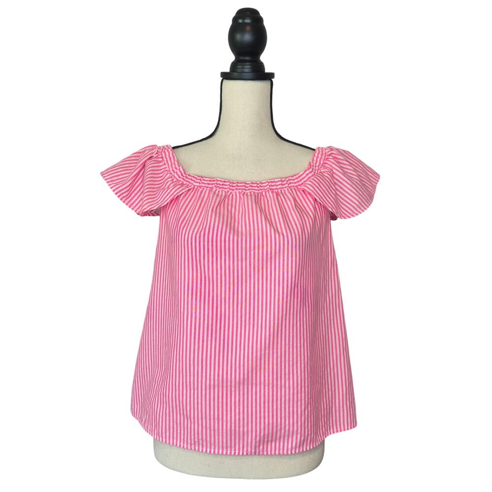 Vineyard Vines Pink Oxford Stripe Off The Shoulder Flutter Sleeve Blouse Size XS